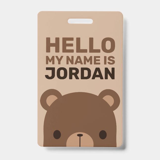 Crachá Urso Castanho Bonito com Nome Personalizado (Frente)