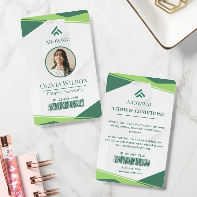 Crachá Verde e Branco Geométrico Foto Personalizada (Escritório)