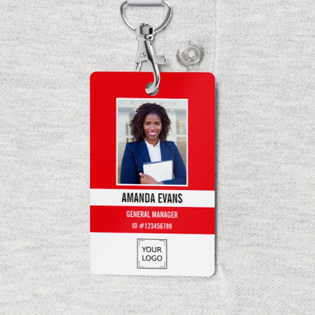 Crachá VERMELHA | Segurança do logotipo do funcionário ou (Red and white Employee ID security badge with photo, name, job title and corporate logo or QR CODE)