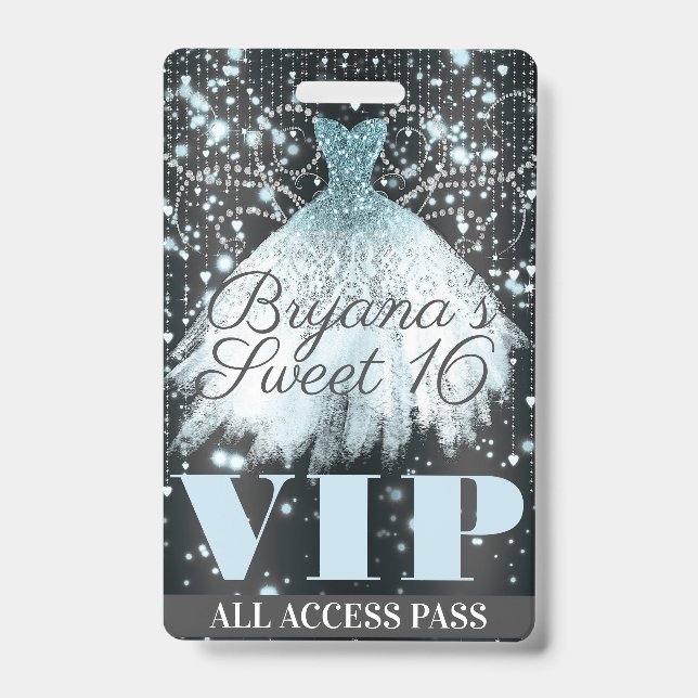 Crachá Vestido Azul Cinza Brilho Doce 16 Passagem VIP (Frente)