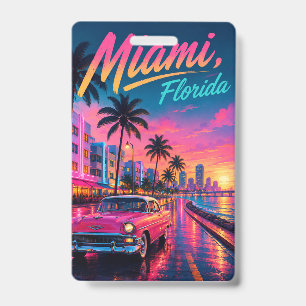 Crachá Viagem com pôr do sol neon retrô em Miami Flórida