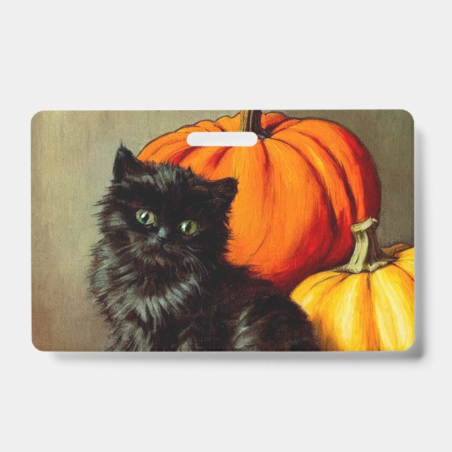 Crachá Vintage Halloween Black Cat e Pumpkins (Frente)