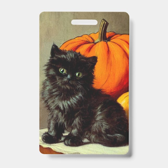 Crachá Vintage Halloween Black Cat e Pumpkins (Frente)