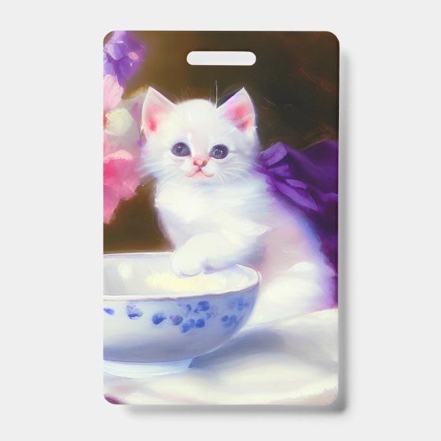 Crachá Vintage White Kitten com Fita Roxa (Frente)