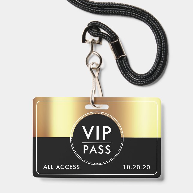 Crachá VIP All Access Event Metallic Gold Black (Front with Lanyard)