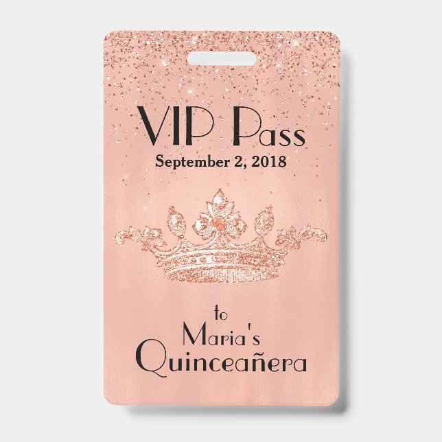 Crachá VIP de Coroa Rose Gold Quinceañera (Frente)