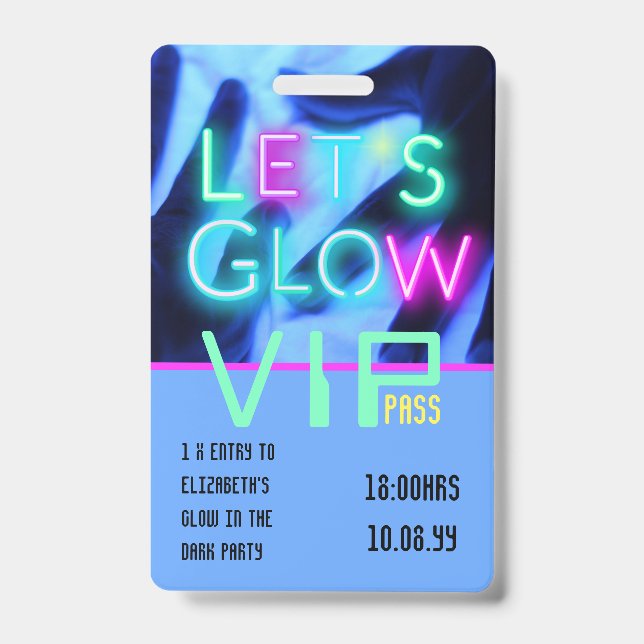 Crachá VIP Pass Glow Na IDEA DE CONVITE ÚNICO DE PARTE Es (Frente)