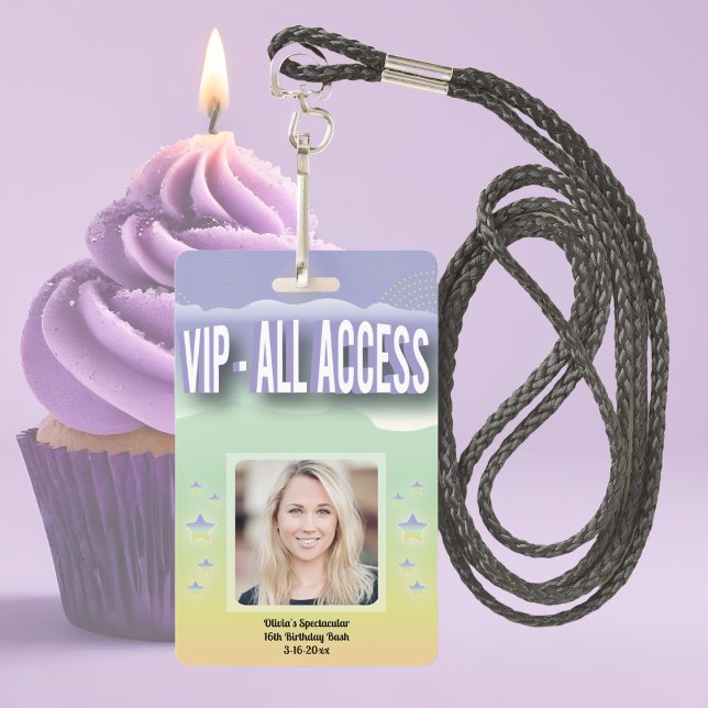 Crachá VIP personalizado - Acesso total 16 (Unique VIP ALL ACCESS backstage ticket holder concert photo pass. Features birthday girls photo. FUN)