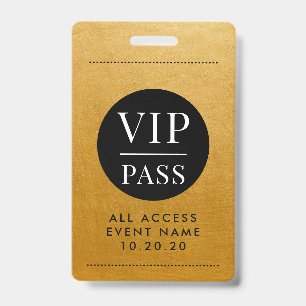 Crachá VIP Todos os Eventos de Acesso Dourado Folha Metál