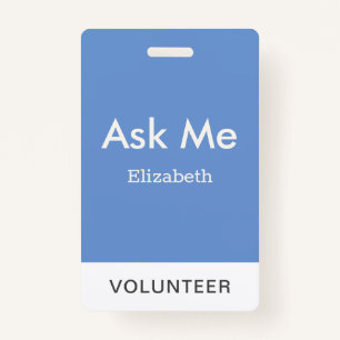 Crachá Voluntário Personalizado Azul Simples Pergunte-me