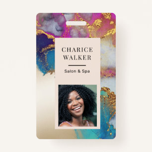 Crachá watercolor faux gold foil salon foto name