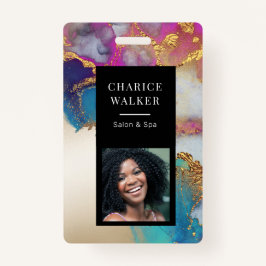 Crachá watercolor faux gold foil salon foto name