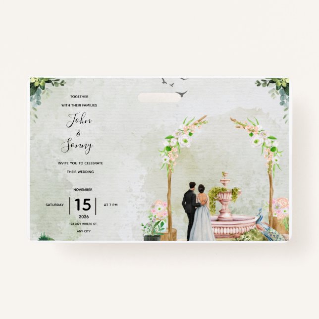 Crachá Whimsical Floral Garden Wedding Invitation – Elega (Frente)