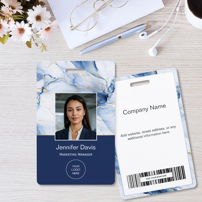 Crachá White Marble Navy Blue Gold Custom Name Badge (Criador carregado)