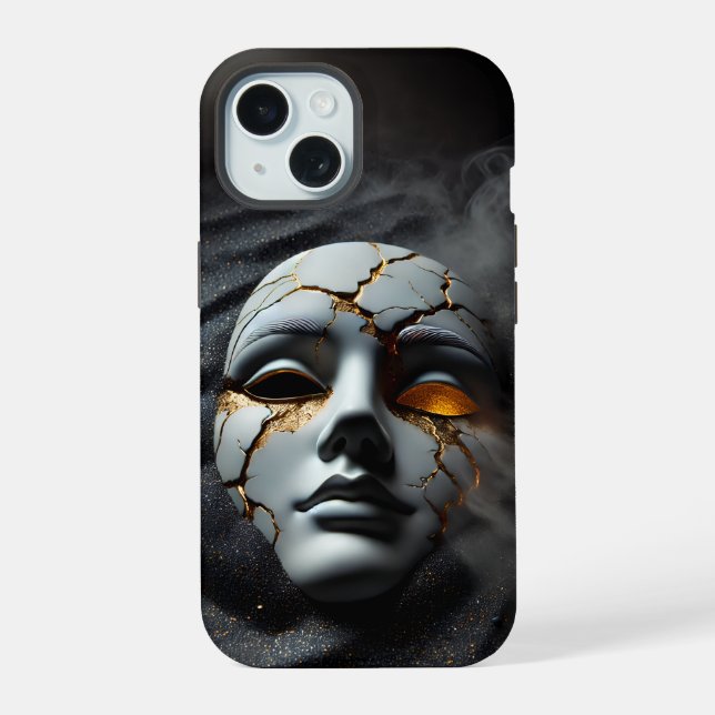 Cracked Porcelain Mask Dark iPhone 15 Tough Case (Verso)