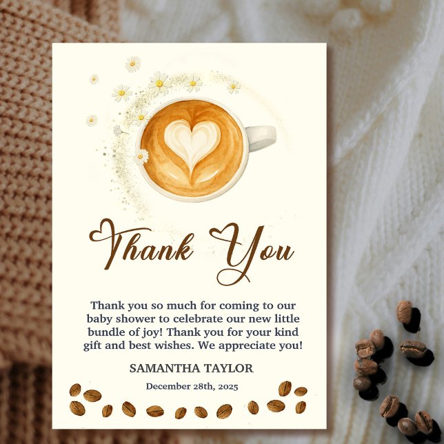 Crad de agradecimento para chá de bebê Love is Bre (Love is Brewing Baby Shower Thank You Crad #zazzlemade #thankyoucard #babyisbrewing #coffeeanddaisy)