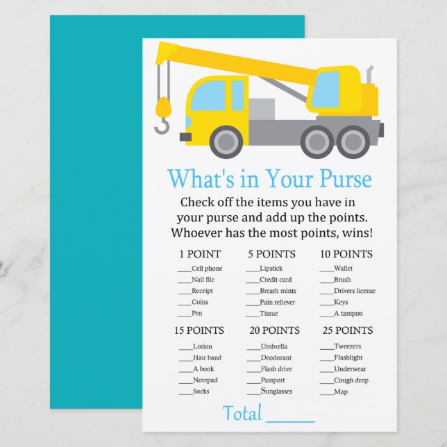 Crane Truck O que há no seu chá de fraldas de jogo (Frente/Verso)