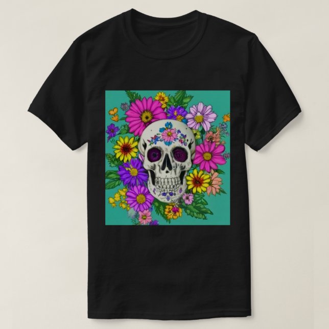 crânio colorido com flores T-Shirt (Frente do Design)