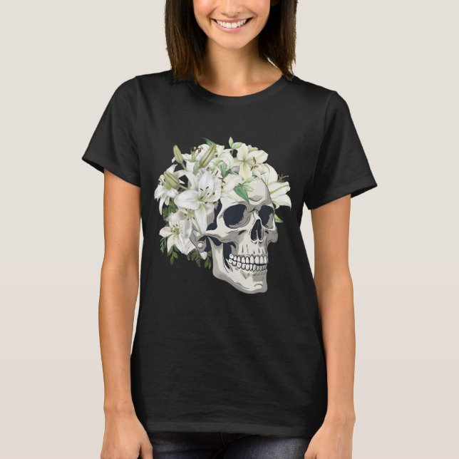 Cranio com Lírios Brancos  CAMISA FEMININA (Frente)