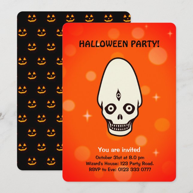 crânio de Halloween em convite preto e laranja (Frente/Verso)
