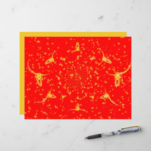 Crânio de Vaca Dourada Vermelha brilhante no Oeste (Frente/Verso In Situ)