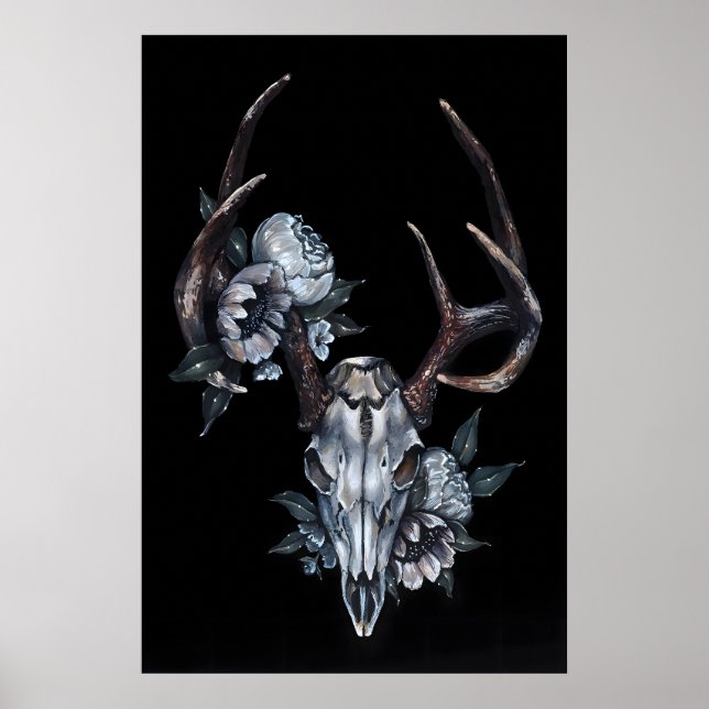 Crânio de Veado com Flores- Impressão Giclee de (Frente)