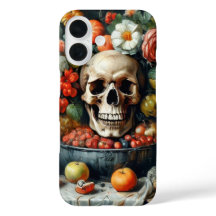 Crânio e fruta em capa estilo Vanitas 