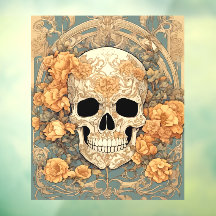 Crânio e Rosas Cor de Pêssego Design Art Nouveau