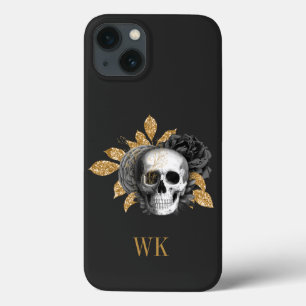 Crânio Floral Gótico Vintage Preto e Dourado