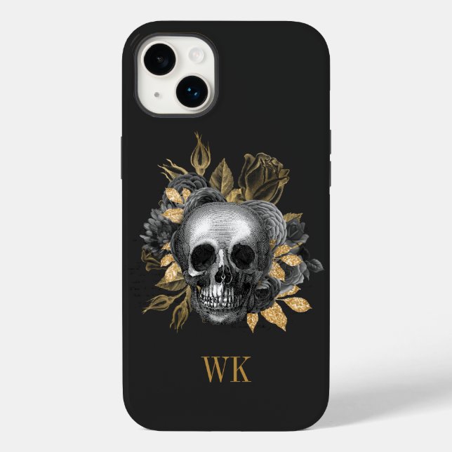 Crânio Floral Gótico Vintage Preto e Dourado (Verso)