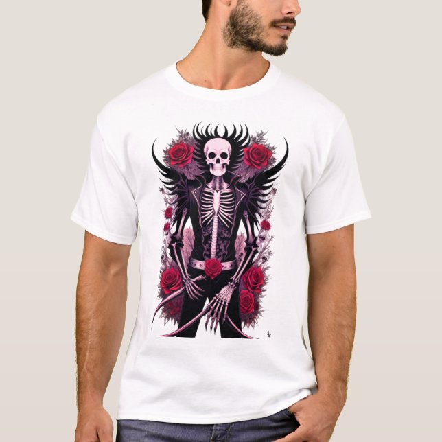 Crânio gótico e flores vermelhas Camiseta básica m (Frente)