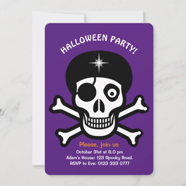 crânios de Halloween em convite laranja e roxo (Frente)