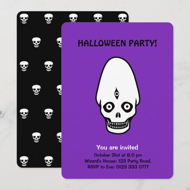 crânios de Halloween em convite preto e roxo (Frente/Verso)