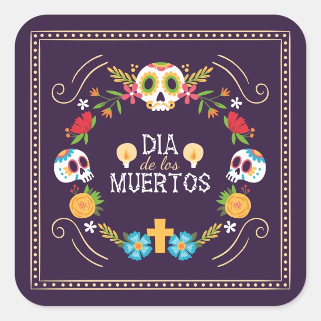 Crânios Florais Coloridos Dia de Muertos | Adesivo (Frente)