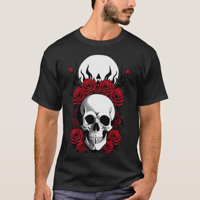 Crânios góticos e flores vermelhas Camiseta escura (Frente)