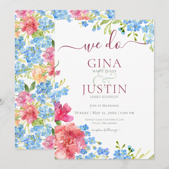 Cravos e Esquecer-me do Convite de Casamento (Frente/Verso)