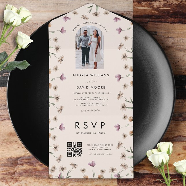 Cream Beige Wildflower Arch foto QR Code Casamento (Criador carregado)