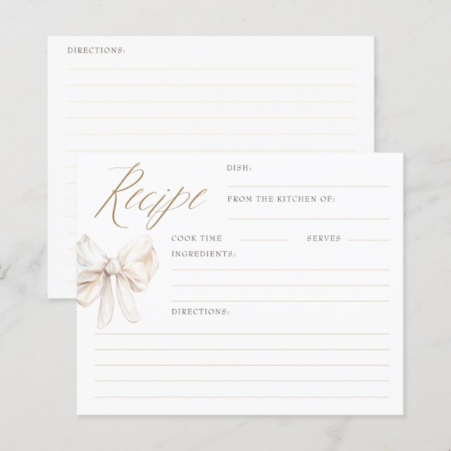 Cream Bow Elegant Bridal Shower Recipe Cards (Frente/Verso)