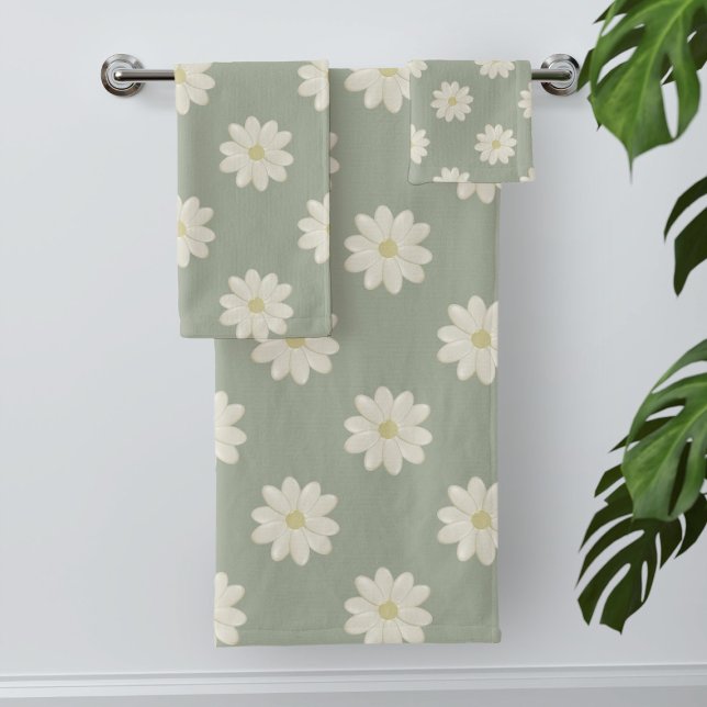 Cream Daisy Pattern Sage Green Bath Toalha (Pretty sage green cream daisy bath towels. Check out the collection for coordinating products)