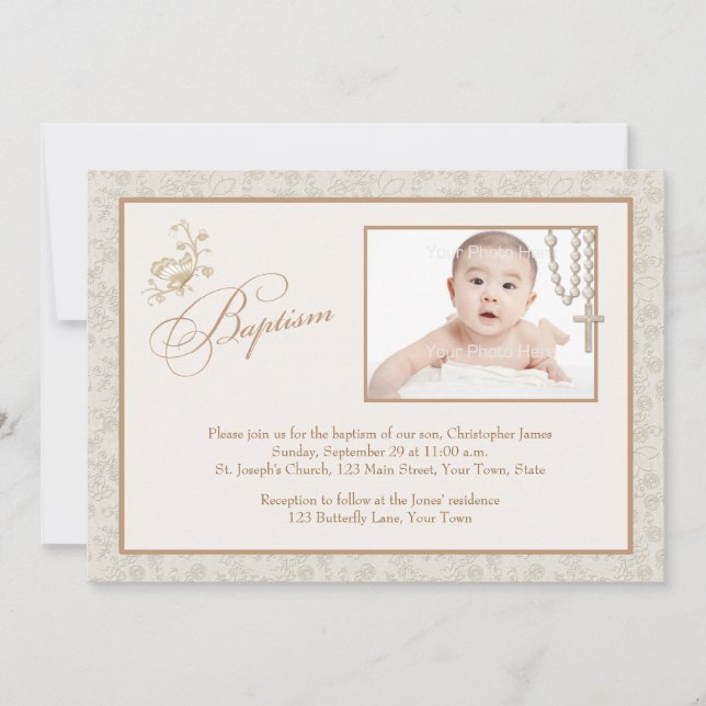 Cream Floral Baptism Cartão com fotos (Frente)