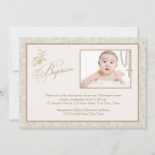 Cream Floral Baptism Cartão com fotos