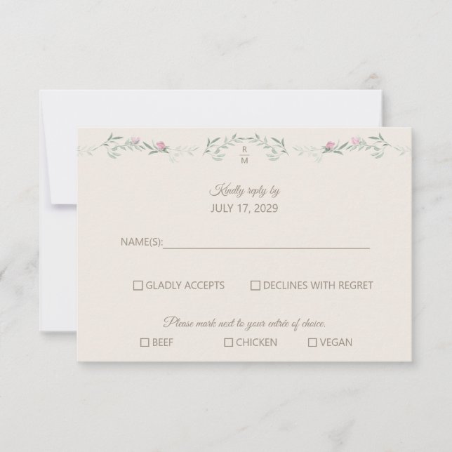 Cream Pink Foliage Monogram RSVP Response Card (Frente)