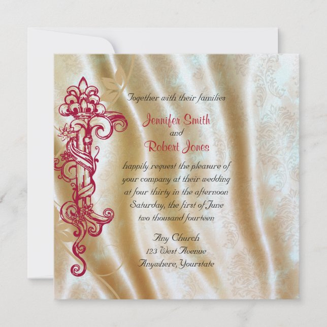 Cream Silk e Red Scroll Posh Convite para Casament (Frente)