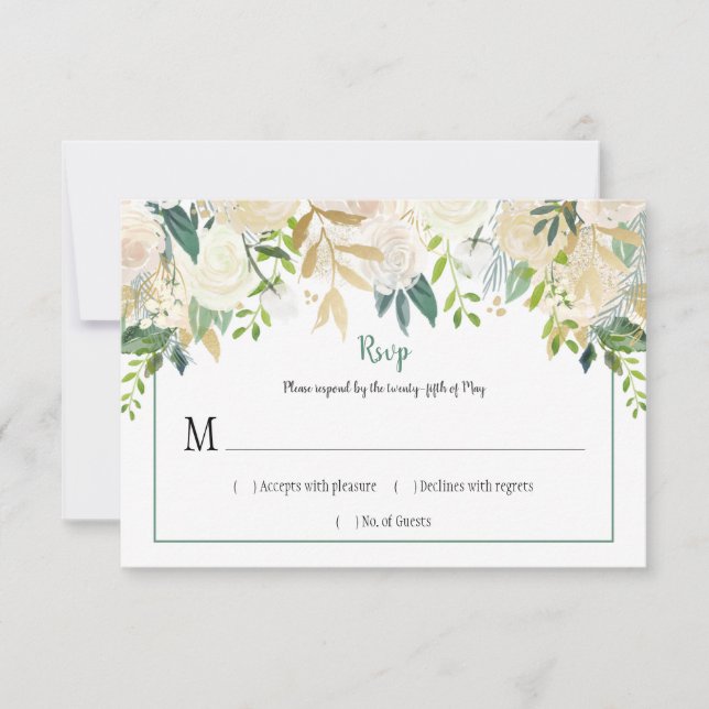 Cream White Roses Glitter Greenery RSVP | (Frente)