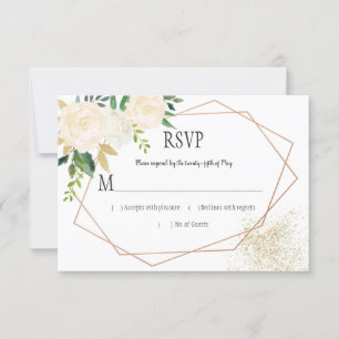 Cream White Roses Glitter Greenery RSVP Geométrico