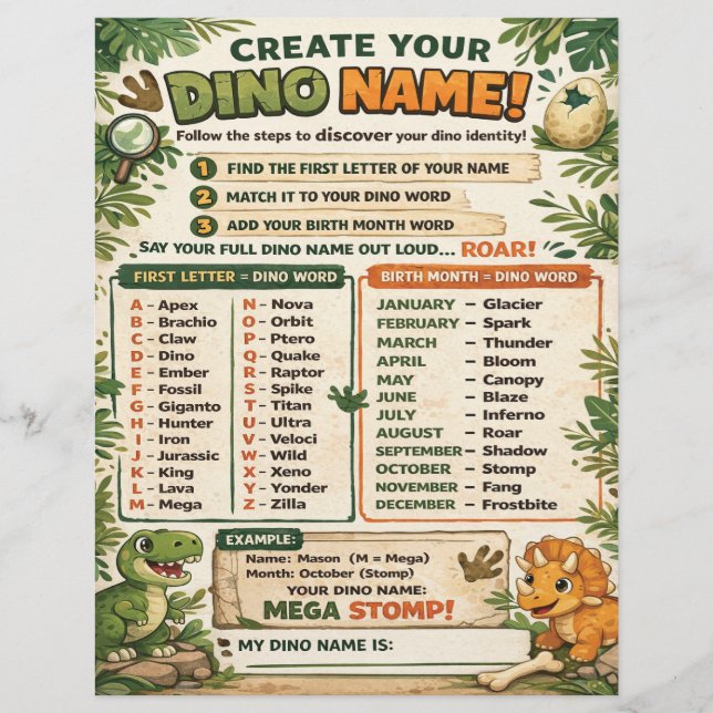 Create Your Name Dinosaur Party Game (Frente)