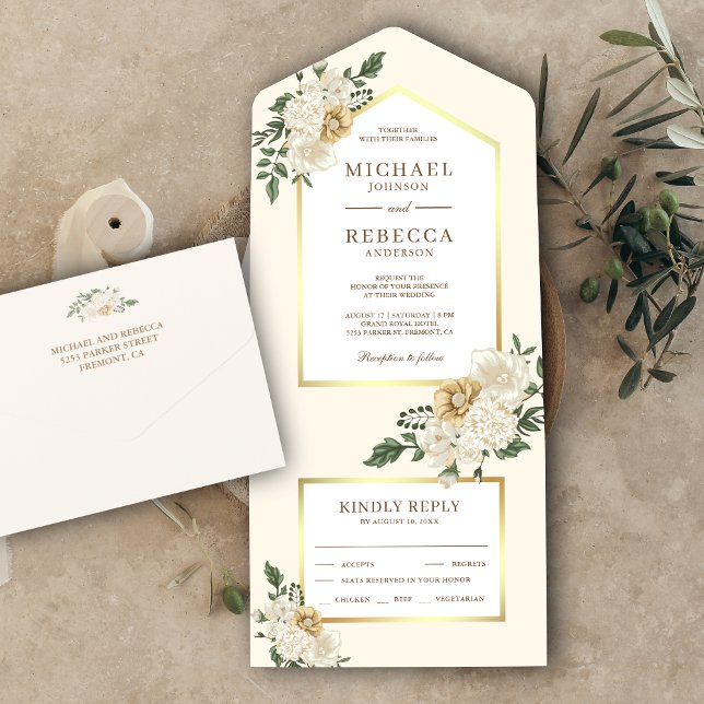 Creme Elegante e Casamento Floral de Marfim Dourad (Criador carregado)
