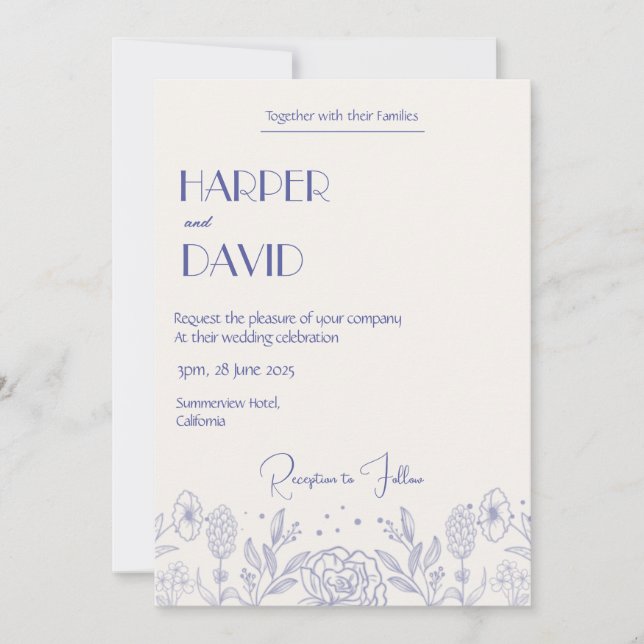 Creme Elegante e Convite de casamento Floral Azul (Frente)