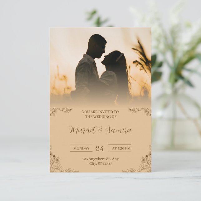 Creme simples e convite para casamento marrom (Em pé/Frente)