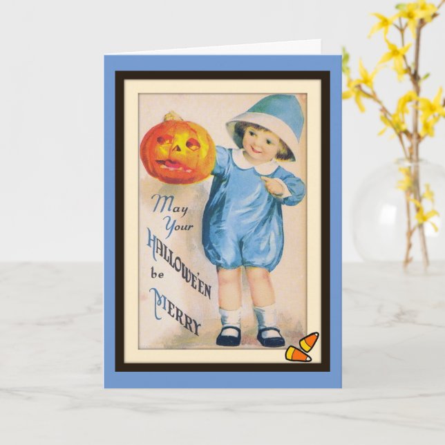 Criança com cartão de Jack O' Lantern de Halloween (Flor Amarela)